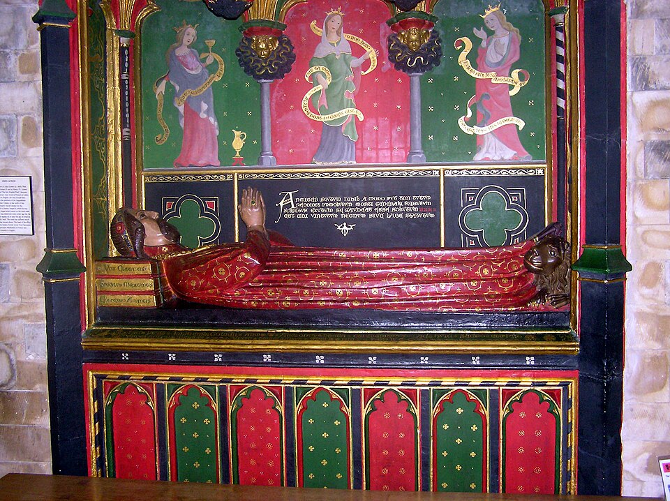 Tomb of John Gower at Southwark Cathedral, London, head resting on his three books