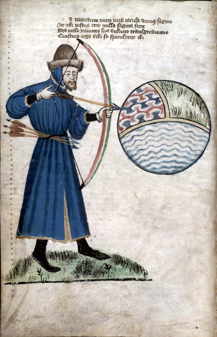 John Gower shooting an arrow at the world, from the Vox Clamantis manuscript, ca. 1400