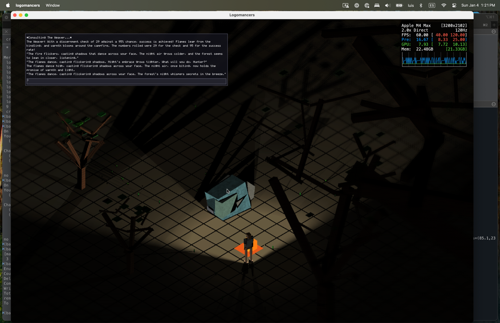 Logomancers: a hunter stands in torchlight on a dark grid, a chat window narrating a campfire being lit