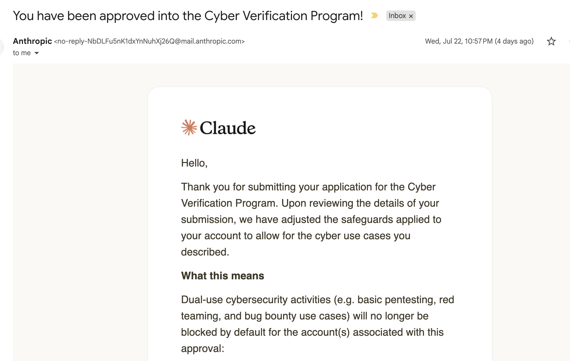 Email confirming approval into the Cyber Verification Program