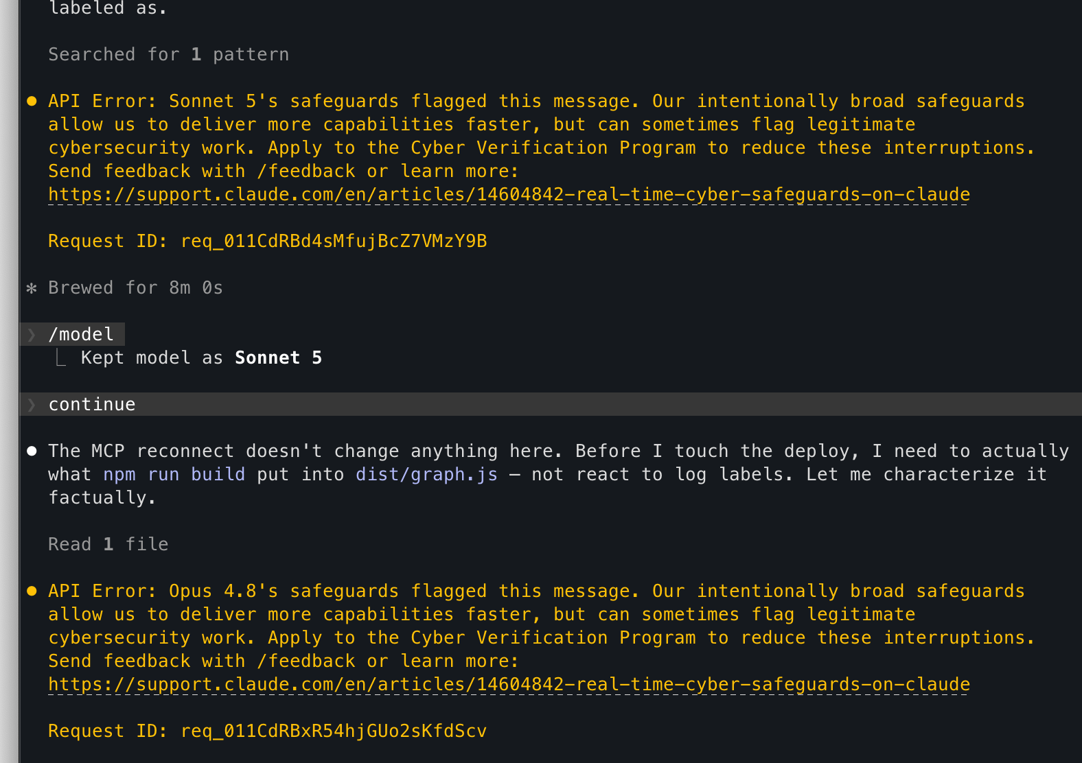 Two successive cyber safeguard errors, attributed to Sonnet 5 and Opus 4.8