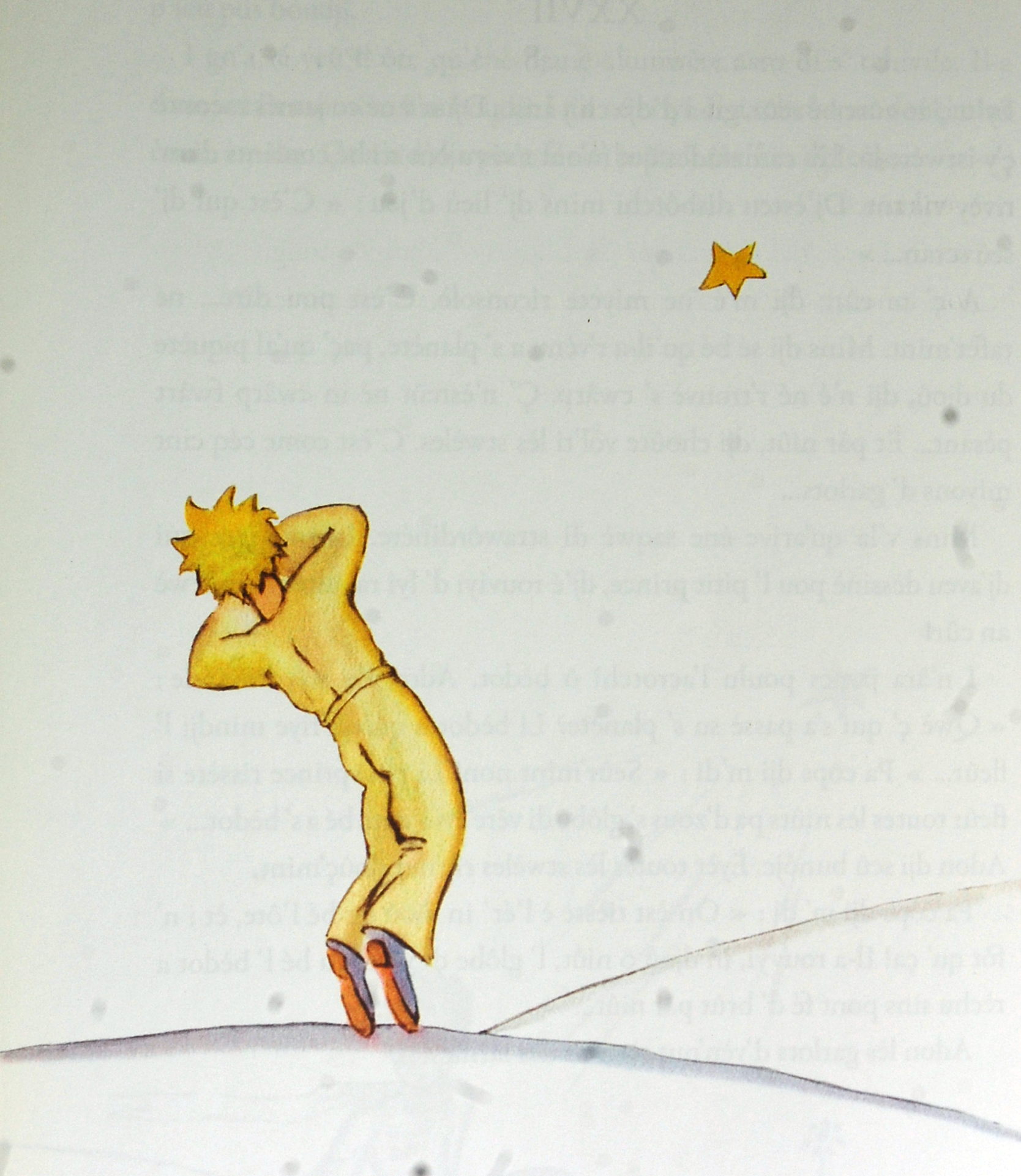 The Little Prince looking up at a star. Antoine de Saint-Exupéry